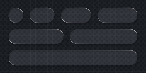 Liquid glass vector design element set with various blank buttons and transparent shapes for modern ui ux display.