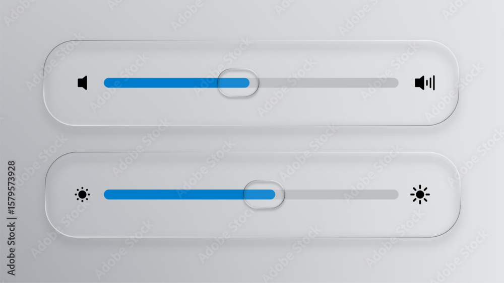 Poster white liquid glass vector volume and brightness sliders. ui ux design element for sound control and 