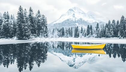 Yellow boat on frozen lake winter landscape snowy mountains reflection