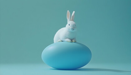 White rabbit sitting on a blue egg spring and easter theme
