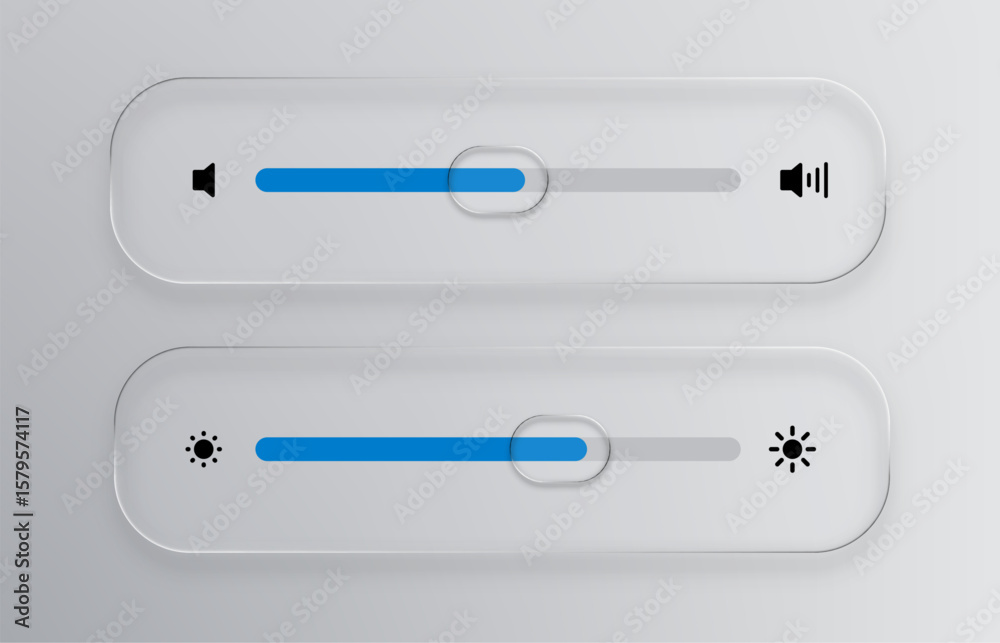 Poster Liquid glass vector design of ui elements showing volume and brightness settings. Neumorphism concept for application interface.