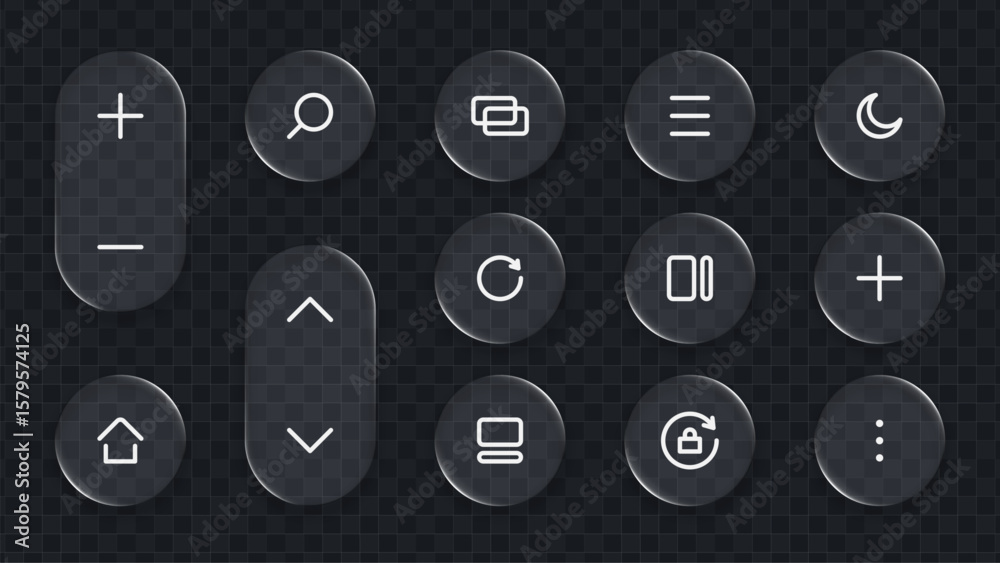 Poster liquid glass ui ux design elements. modern interface vector icons set. transparent buttons on dark b