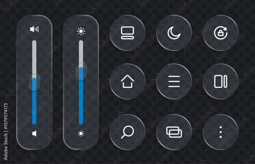 Poster volume and brightness controls sliders with various rounded square and circular ui icons set on a da