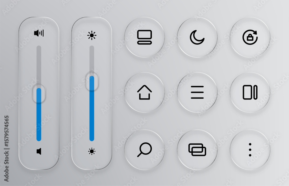 Fototapete liquid glass interface with control buttons and sliders for sound and brightness adjustment for user