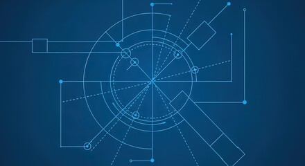 Obraz premium Abstract blueprint design with geometric lines and circles on a dark blue background