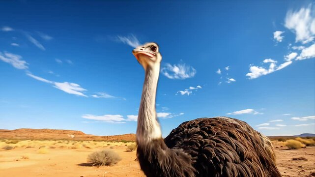 An ostrich stands in a desert environment under a bright blue sky