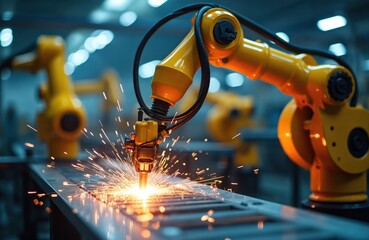 Yellow robotic arm performs welding on auto parts production line, creating bright sparks. Modern factory machinery in automated manufacturing process. High-tech industry, precision engineering at