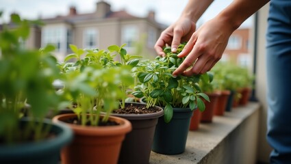 Rooftop gardening hands tending basil.
