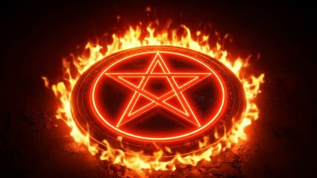 A glowing pentagram surrounded by flames on a dark textured surface