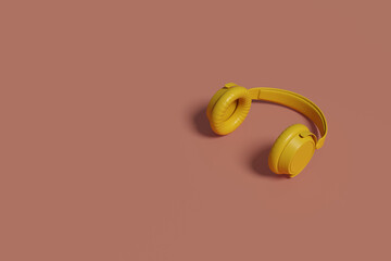 Yellow headphones isolated on pink background. 3D illustration.