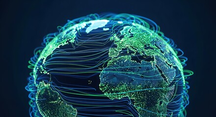 Global network of glowing lines connecting illuminated continents on a dark background symbolizing digital connectivity and data flow