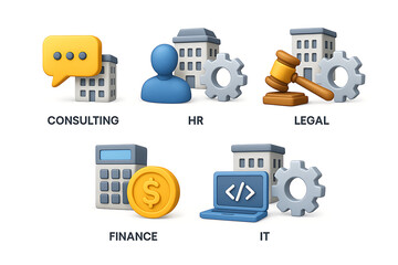 3d business department icons representing consulting hr legal finance and it services with gear buildings and tools symbolizing modern office structure and functional support systems