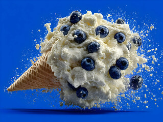 Blueberry ice cream explosion in waffle cone, milk dessert tarnodo, icecream melting and spilling, copy space. Minimalistic, creative, summer design for advertising. A ball of melted ice cream.