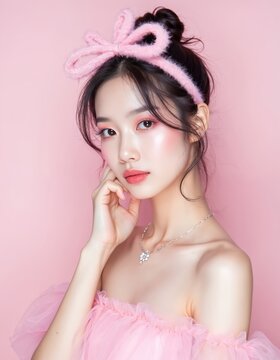 Stylish young Korean woman with pink tulle dress and fuzzy headband, soft makeup focus on eyes and lips. Natural beauty, skincare product advertisement, cute portrait, fashion editorial.