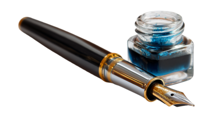 A fountain pen with a gold nib and a bottle of blue ink on a black background in a close up shot