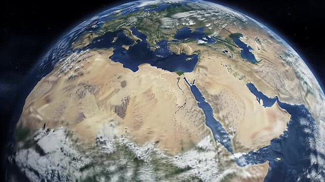 Earth Globe Rotating from High Angle Perspective Displaying Continents Cloud Formations and Starry Background