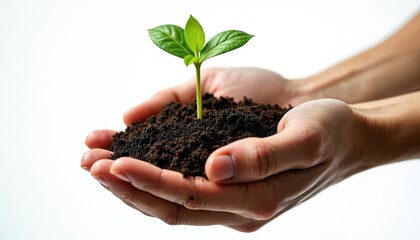 Hands hold small green seedling with dark soil. Represents growth, gardening, nature, environmental care. Supports concepts of sustainability, organic farming, nurturing new life. Ideal for