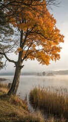 Obraz premium A solitary tree with vibrant orange autumn foliage stands by a misty lake at sunrise.