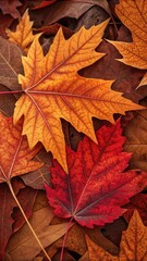 Obraz premium Vibrant close up of red and orange maple leaves in autumn.