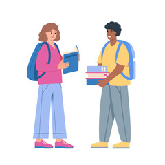 Fototapeta premium Couple of students with books and school bags. Smiling teenage boy and girl, classmates, friends, college student characters on white background. Education Vector illustration.