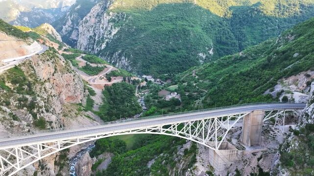Albania mountain bridge, new "Vasha" iron bridge and old "Vasha" stone bridge