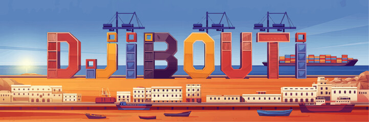 Fototapeta premium Modern Djibouti Port Illustration with Container Cranes, Shipping Vessels, and Colorful Typography at Sunrise on the Horn of Africa