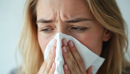 Woman with seasonal allergies sneezes into tissue. Focus on her discomfort, nasal irritation, indoor environment well-being. Tips for home relief, managing symptoms, health awareness are key themes.