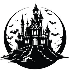 Halloween haunted castle silhouette with bats flying at night under a full moon spooky autumn scene