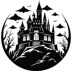 Castle in the woods at night fantasy medieval fairy tale illustration