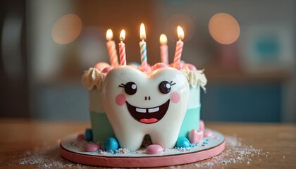 Funny tooth cake with lit candles celebrates birthday dentists day. Whimsical dessert features smiling tooth character, colorful frosting, candy decorations. Perfect for dental health awareness