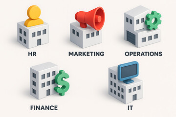 3d business department icons for hr marketing operations finance and it showing office buildings with relevant symbols representing corporate structure and internal functions