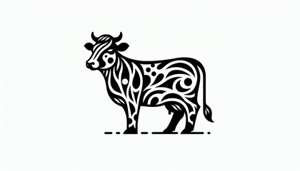 Ornamental Black And White Cow Line Art Illustration