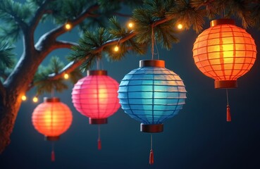 Obraz premium Set of colorful paper lanterns illuminate dark night. Blue, pink, orange lanterns hang from tree branch, adorned with small yellow lights. Festive atmosphere for celebrations, holidays, cultural