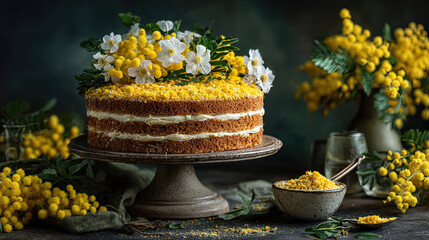 Torta Mimosa Layered sponge cake with cream and a crumbly yellow surface on a cake stand 
