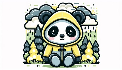 Adorable Panda in Yellow Raincoat Pixel Art Illustration