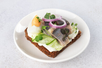 Traditional Danish open sandwich smorrebrod with herring, egg, cucumber, onion on rye bread. Scandinavian cuisine.
