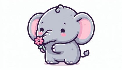 Fototapeta premium Adorable Grey Baby Elephant Holding Pink Flower