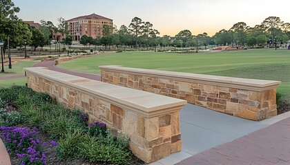 Stone Bridge Pathway Leading to Campus Green and Brick Building