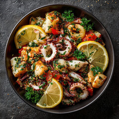 Seafood salad with shrimp, squid, and octopus, dressed in lemon and oil