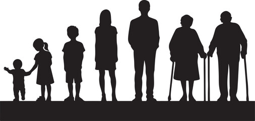 Silhouettes of people from infancy to old age family generations
