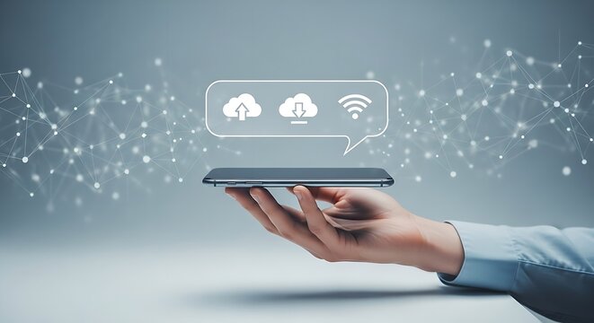 Hand holding phone with cloud upload download and wifi icons floating above it in a speech bubble