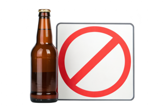 Beer bottle with prohibition sign isolated on transparent background