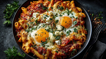 Baked pasta with meat, mozzarella, and eggs on dark plate