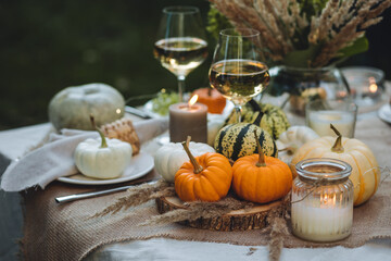 Fall table decoration with pumpkins, wine. Family thanksgiving dinner arrangement outdoors in the garden. Countryside style, simple handmade setting, autumn mood, inspiration