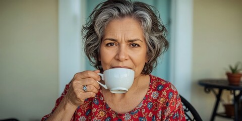 Senior woman gray hair drinking coffee indoors cozy morning routine wa