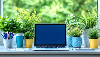 Laptop amidst lush greenery, a vibrant workspace by the window