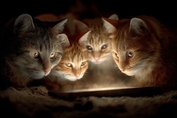 Cat cinema: feline friends gather for tablet entertainment. Sleepy scene. When you're not looking: cats master the art of selfies in absence. Artistic cats. Panda play.