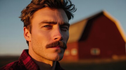 Close-up portrait of a young man with a mustache. he is looking off to the side with a serious expression on his face. he has short, curly hair and is wearing a red and black plaid shirt.