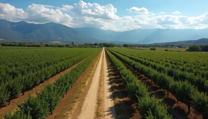 Fototapeta premium Expansive orchard with neat rows of green trees stretches towards distant mountains under a blue sky with white clouds. A dirt road cuts through the landscape, guiding the eye towards the horizon.