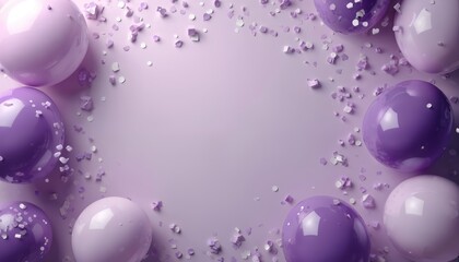 Purple balloons and scattered confetti on a light purple background with ample copy space. Festive celebration concept, perfect for birthday announcements, party invitations, or holiday greetings.